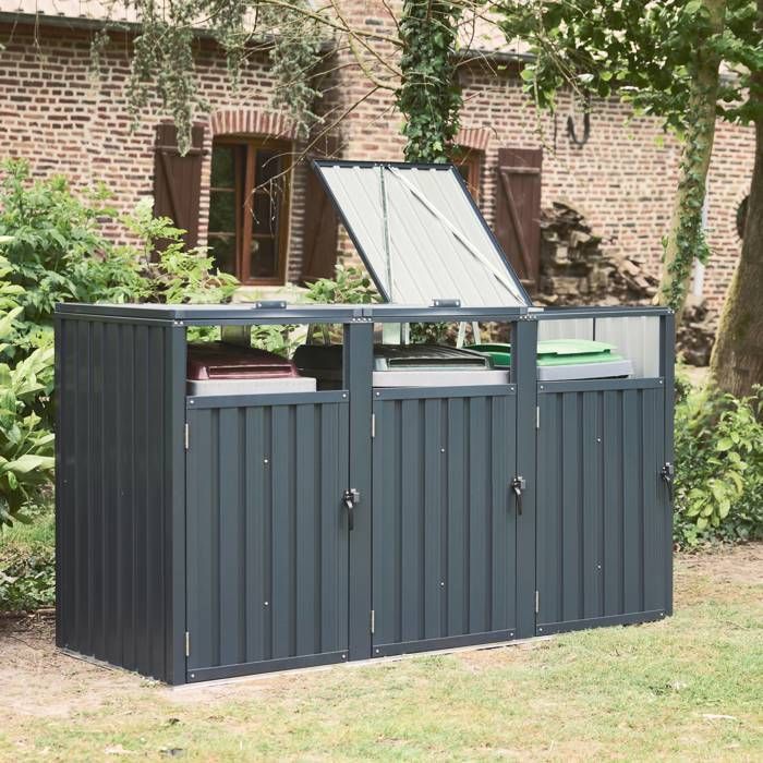 Contenitore per bidoni in acciaio zincato grigio. 3 scomparti. L 219 x P 82 x H 124 cm