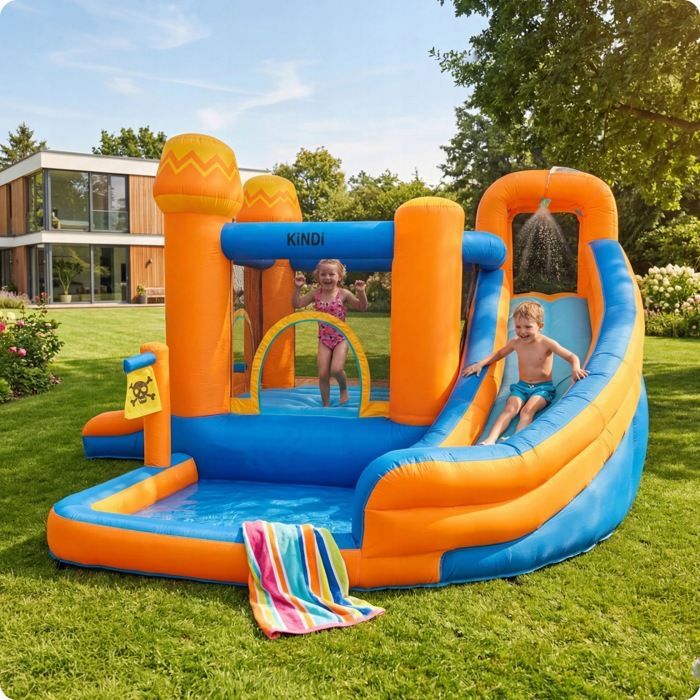 Zona de juegos hinchable KINDI con tobogán acuático para niños, castillo hinchable de jardín con aro de baloncesto.