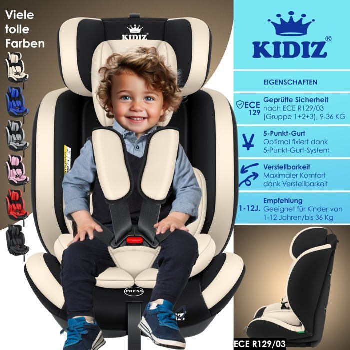 Seggiolino auto KIDIZ® per bambini e neonati da 9 a 36 kg, gruppo 1+2+3, cintura di sicurezza a 5 punti, poggiatesta regolabile e convertibile, beige.
