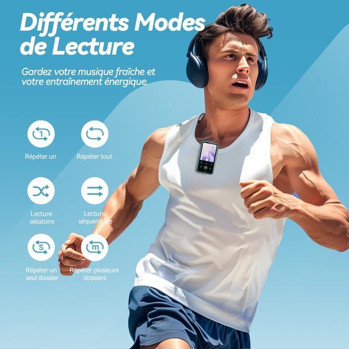 AGPTEK 64Go Lecteur MP3 Bluetooth 5.3 avec Clip, 1,8 Pouces Lecteur Musique Sport HiFi avec Radio FM/Podomètre/Enregistreur - Bleu
