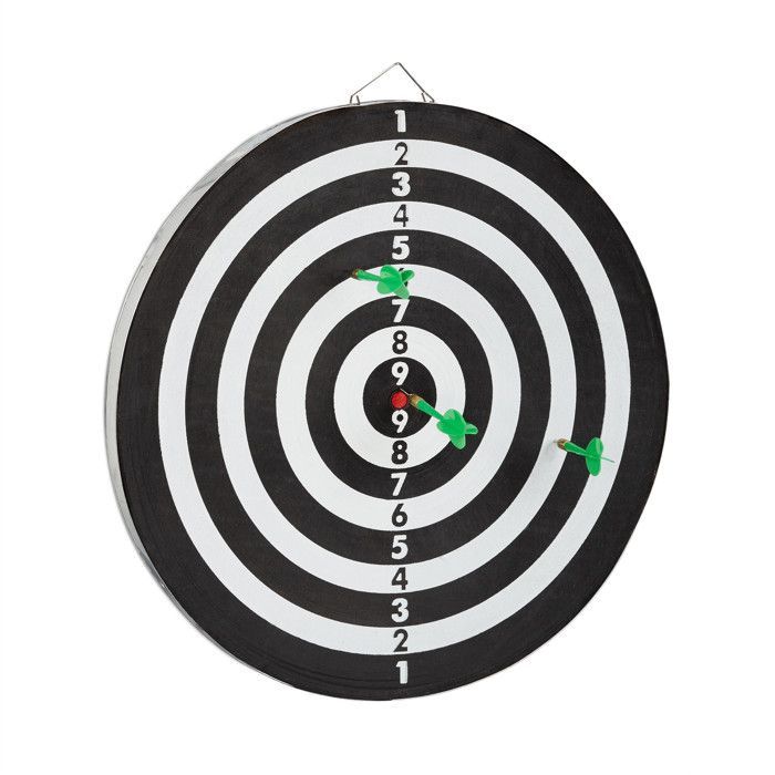 Relaxdays Cible de Fléchettes X2 43 cm Compétition Jeu de fléchettes avec 6 fléchettes, noir-blanc