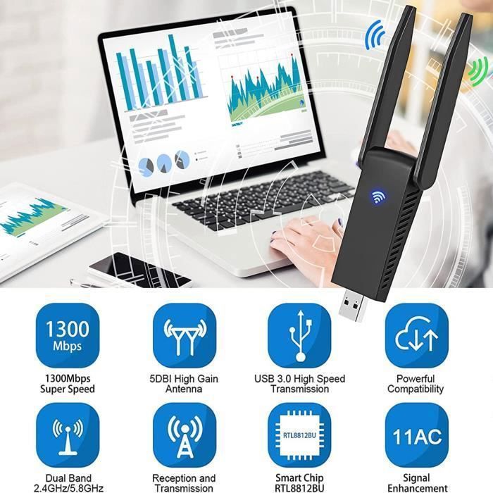 Chiavetta WiFi USB - Leytn® - 1300 Mbps - Antenna da 5 dBi - USB 3.0 - Compatibile con Windows/Mac/Linux