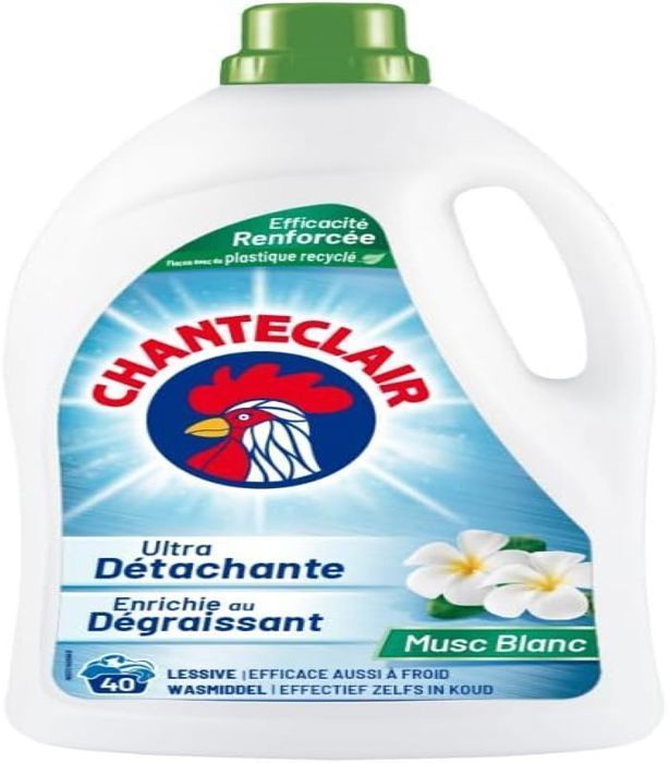 Chanteclair - Lessive Liquide Concentrées Musc Blanc, Enrichie au Dégraissant, Ultra Détachantes 40 lavages - 1800 ml