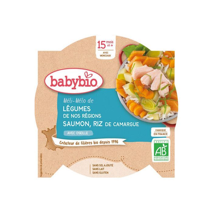Plato de verduras mixtas Babybio con salmón y arroz, a partir de 15 meses, 260 g