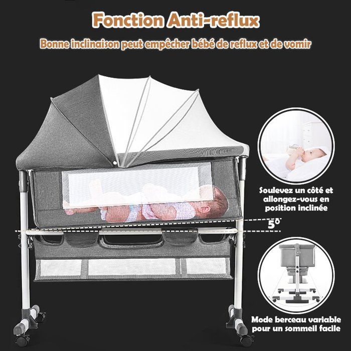 Cuna colecho para bebés de 0 a 36 meses, altura ajustable, con colchón, mosquitera, cesta de almacenamiento y ruedas - Gris