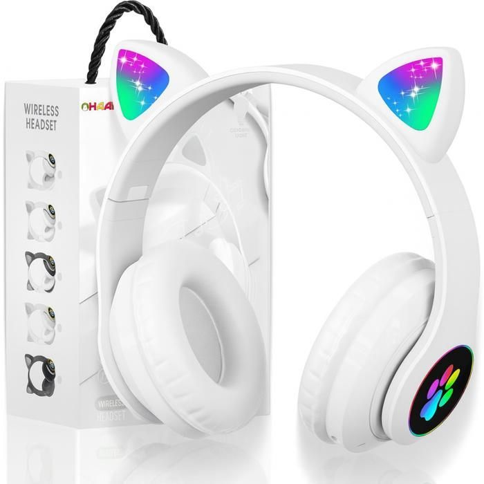 Fones de ouvido Bluetooth sem fio TECHTA para crianças, dobráveis em formato de gato com luzes LED piscantes, Bluetooth 5.0 com microfone.