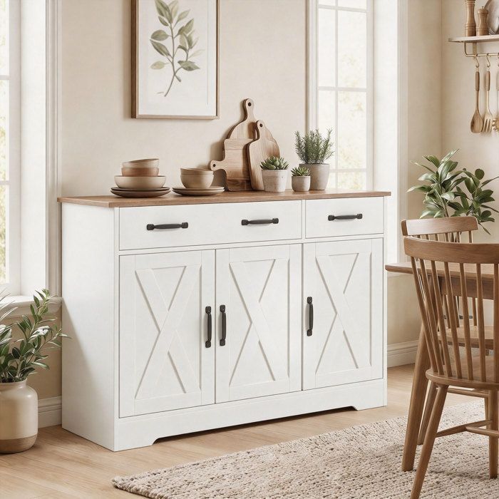 Buffet cuisine - HOMCOM - 3 portes de grange et 2 tiroirs - meuble TV pour jusqu'à 50 pouces - bois - 108x40x81cm - blanc