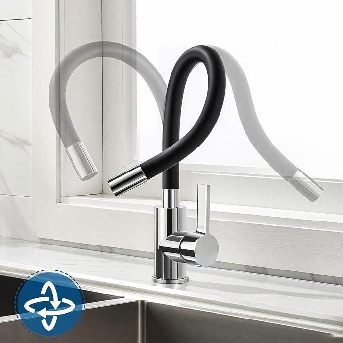 Two-tone Chrome/Black Kitchen Sink Mixer Tap - Flexible Spout, 360° Swivel, Multifunctional Faucet