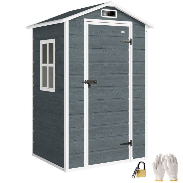 Tuinhuisje - berging - Outsunny - vloer, raam en puntdak - gemaakt van hars met houtlook - 128x104x196cm - grijs