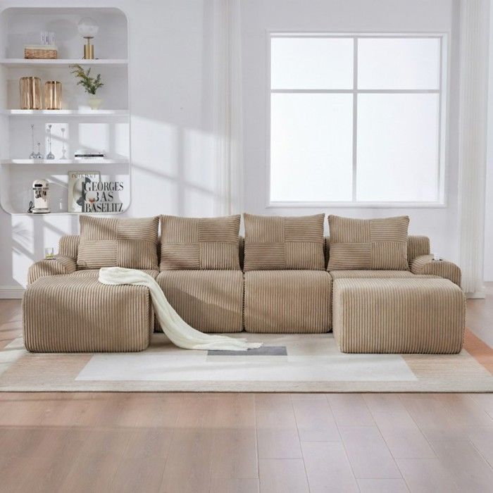 Modulaire bank - LANGTU - 4-zits corduroy, kaki - 333x174x80 cm - Bekerhouder & opbergvak - 2 voetenbankjes