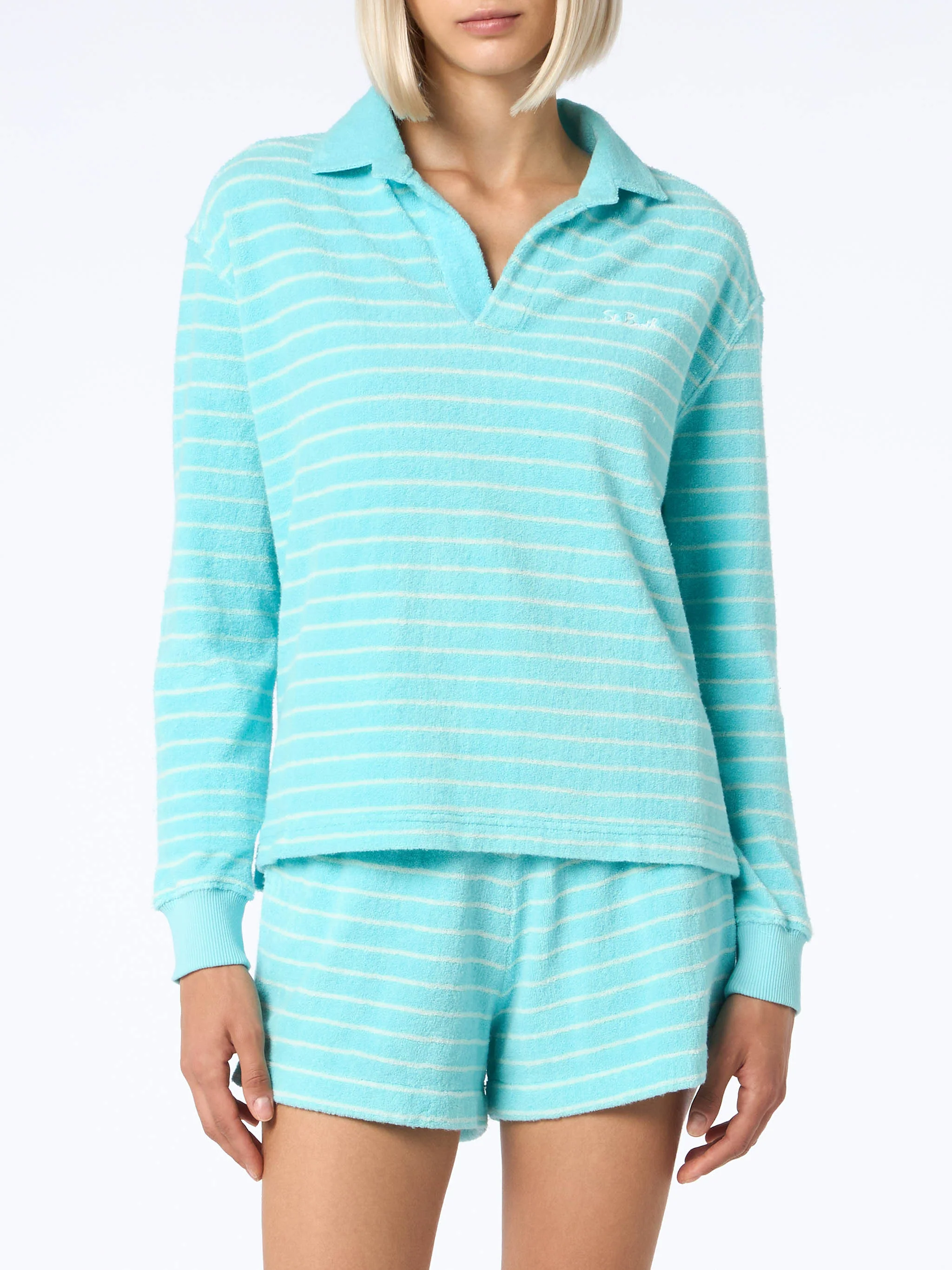 Magda lichtblauwe gestreepte badstof sweater