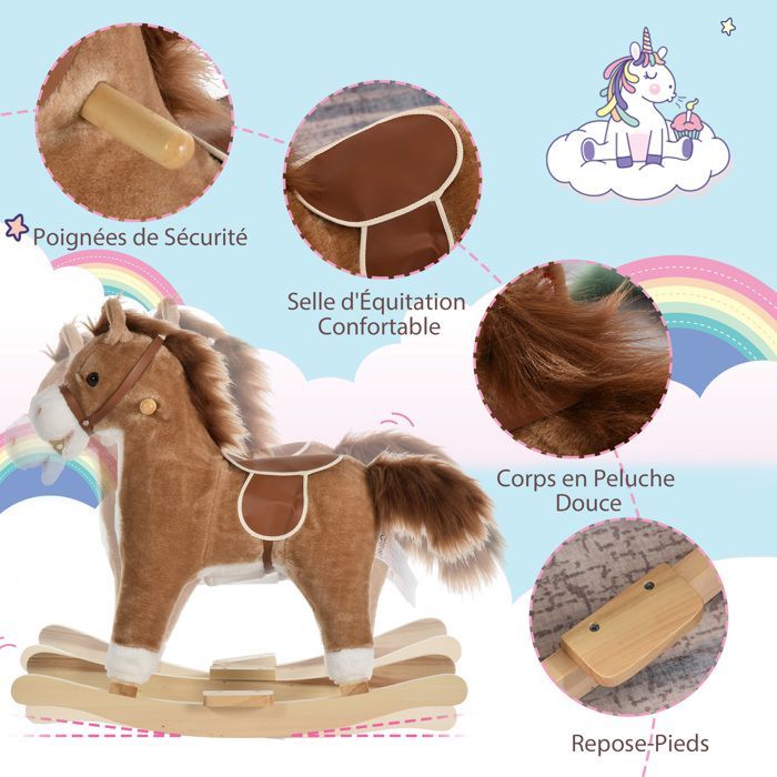 Caballo balancín - HOMCOM - silla de montar extra cómoda, suave y de felpa corta, madera de álamo, juguete infantil - madera - 65x32,5x61cm - marrón