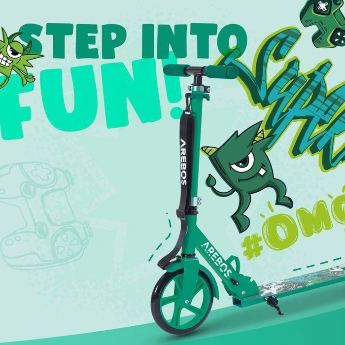 AREBOS Trottinette de ville scooter Vert réglable en hauteur | pliable | ceinture incluse | roues XXL | frein au pas | pour enfants