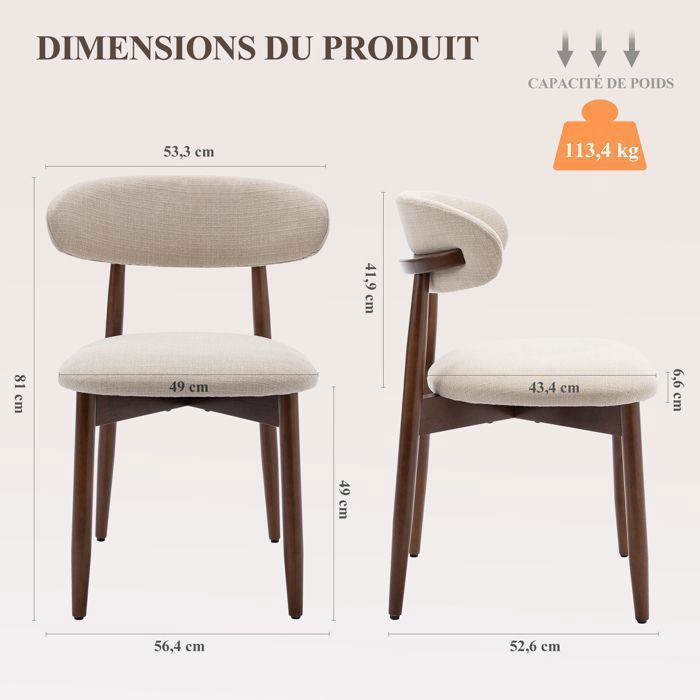 Colamy chaise-Lot de 2 Chaises -Chaise de Salle à Manger, Design Vintage, Chaise Idéales pour Cuisine et Salle à Manger-beige