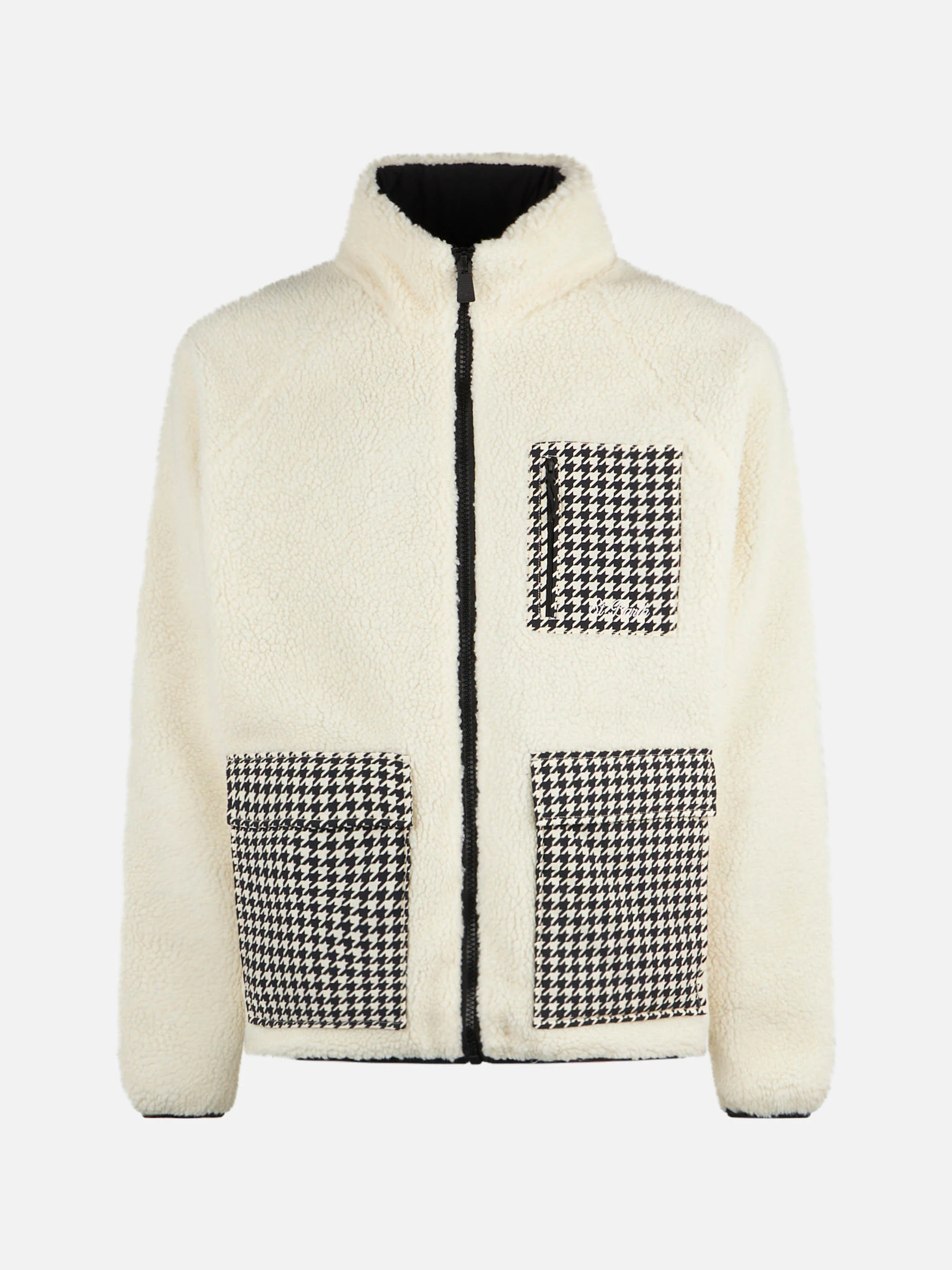 Witte sherpa-jas voor heren met geruite opgestikte zakken.