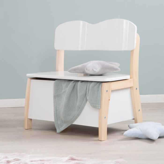 Banc Coffre à Jouets pour Enfant en Bois - ROBA - Meuble de Rangement 2 en 1 - Blanc / Naturel