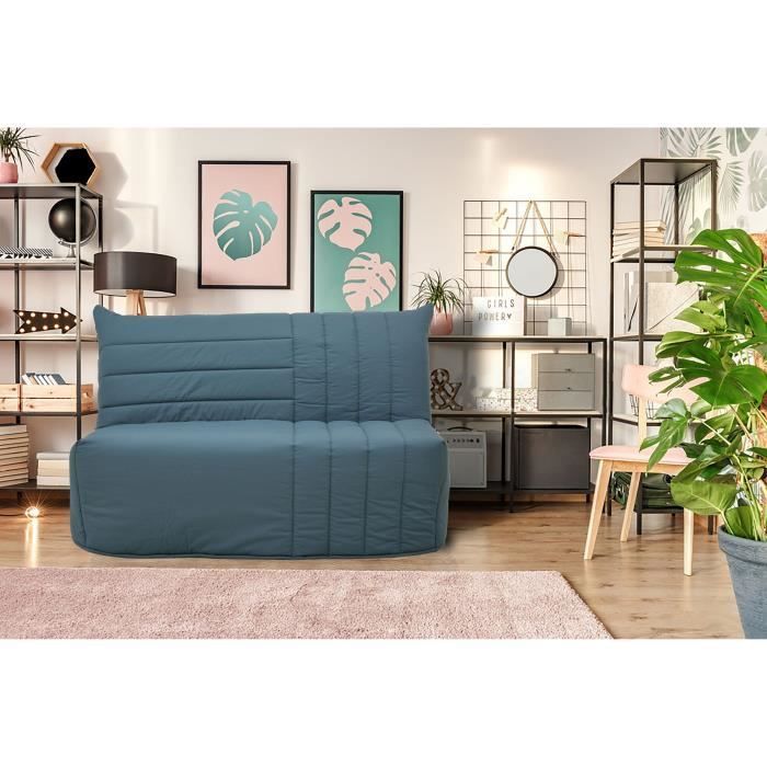 BECCI 2-zits slaapbank - Pruisisch blauwe stof - Bultex matras - B142 x D101 x H95 cm - Gemaakt in Frankrijk