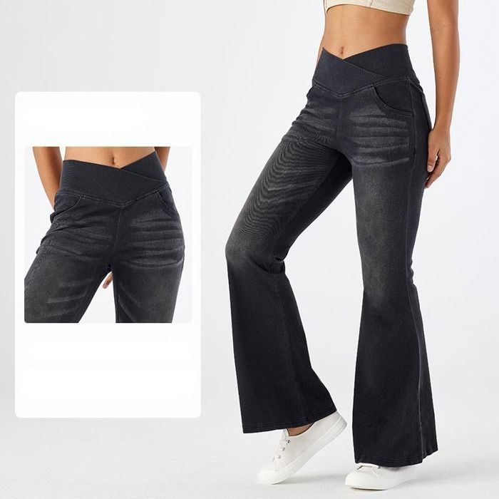 Jeans Femme Bootcut Taille Haute Élastique Pantalon en Denim Évasé Croisé en V Effet Amincissant Avec Poches - Gris Foncé