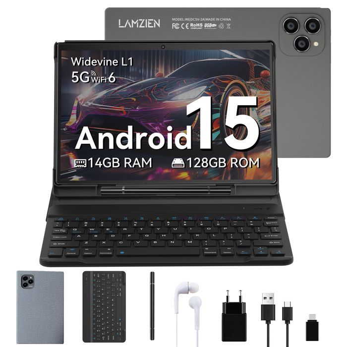 LAMZIEN 10.1-inch IPS Tablet - Android 15 - 14GB + 128GB - Wi-Fi - 6500mAh Battery - AZERTY Keyboard