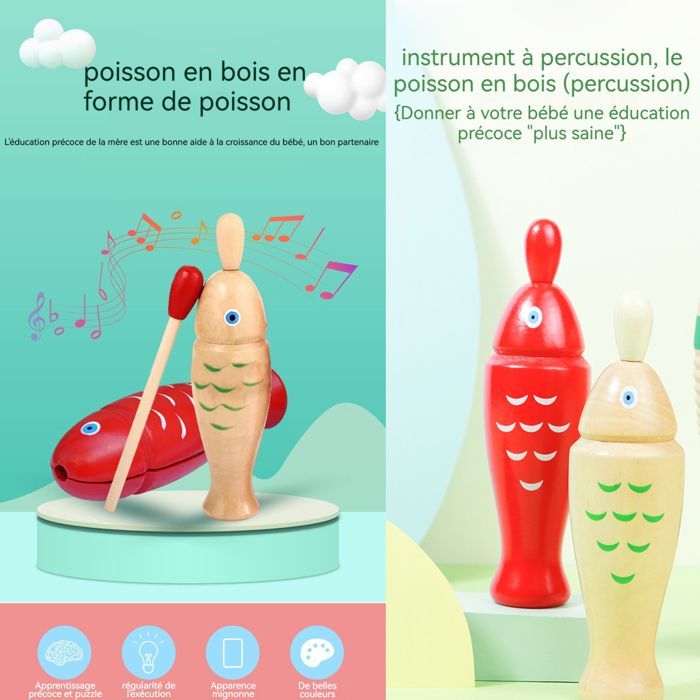 Percussion Instrument Guiro en bois 2pcs 15cmx5cm Type de poisson Matériau bois instruments de musique pour enfants early learning