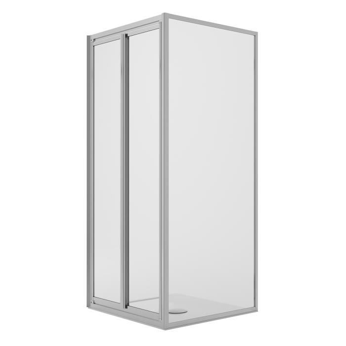 Mampara de ducha de esquina de 90x90 cm, altura 185 cm, cristal fijo transparente + 2 puertas pivotantes de 90° (modelo Clint).