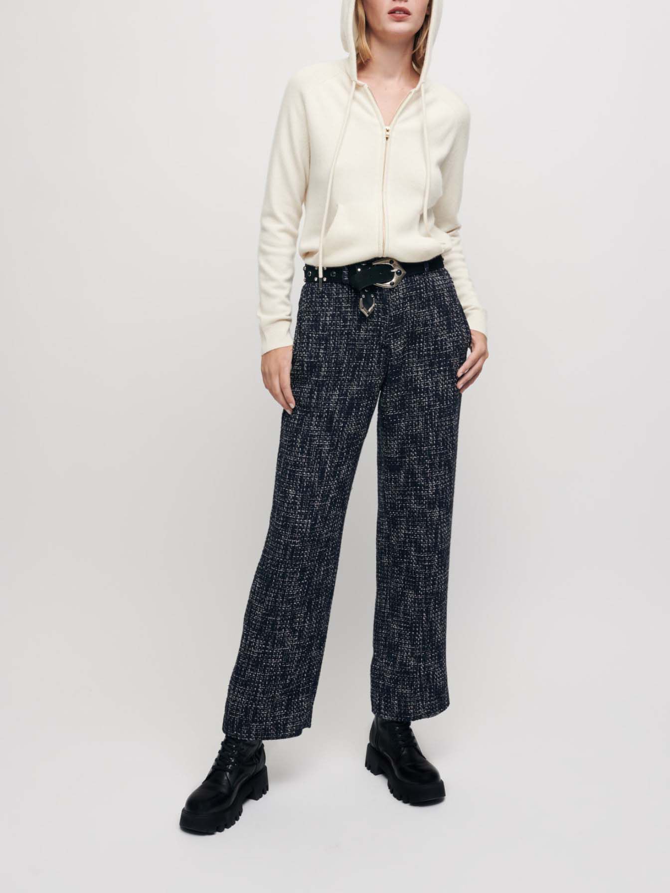 Pantaloni largi din tweed - Bleumarin