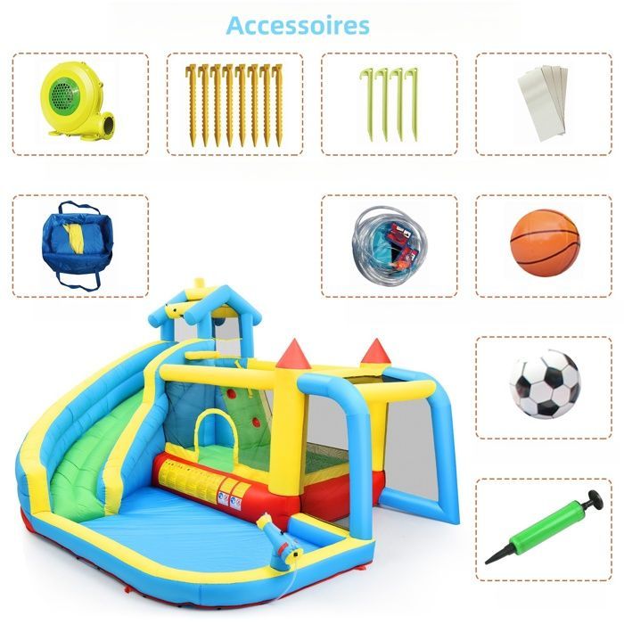 Château gonflable enfants Aire de Jeux Gonflable avec Souffleur Toboggan Trampoline Piscine Pistolet Escalade pour 3 à 10 ans