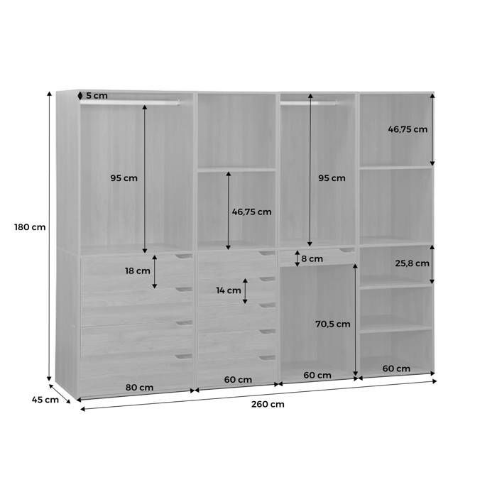 Kit de guarda-roupa modular com 4 elementos. Acabamento natural. Painéis laminados.