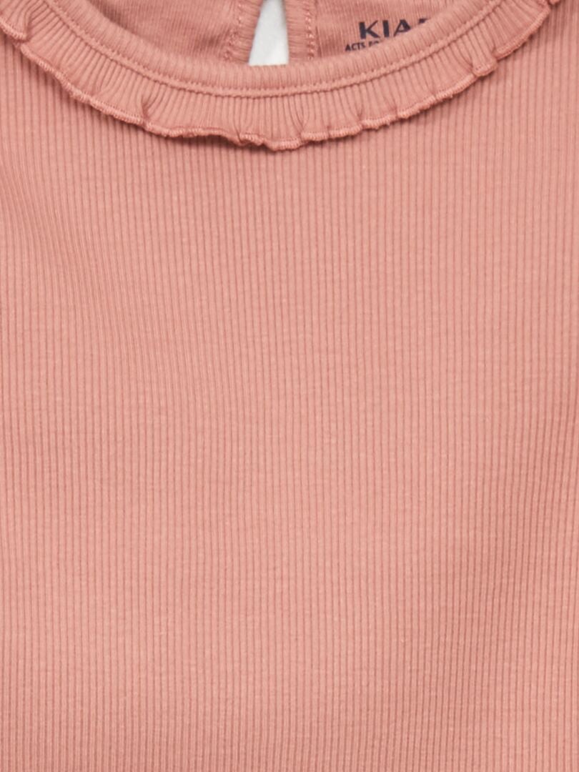 Geribbeld gebreid T-shirt met rucheskraag - ROZE