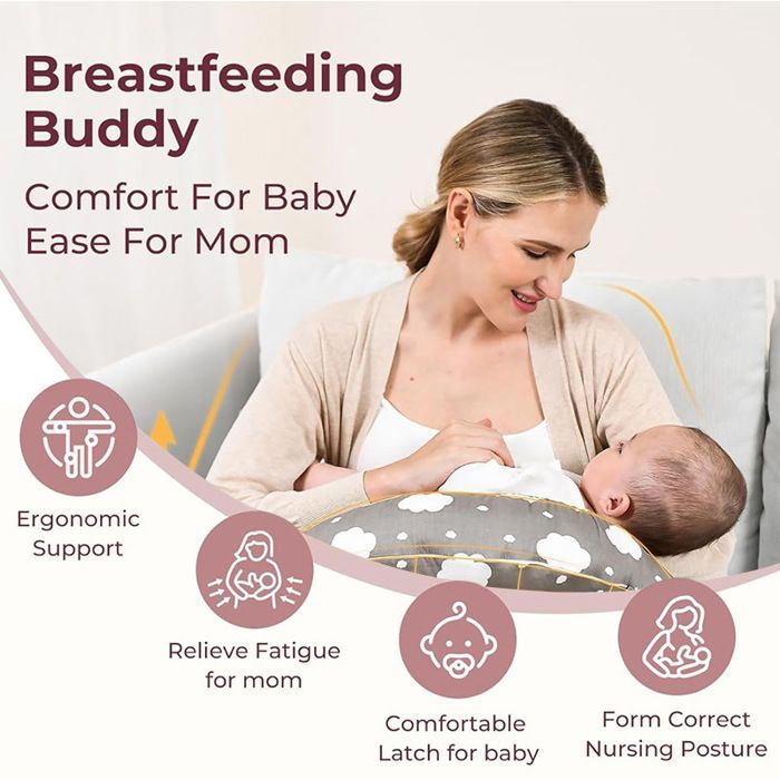Nursing pillow with safety edge - 100% cotton removable cover - Adjustable strap for baby and mother