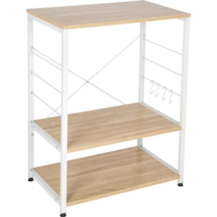 Estante para microondas WOLTU, estante de cocina de madera maciza con estructura de acero, 60x39x74cm, blanco + roble claro
