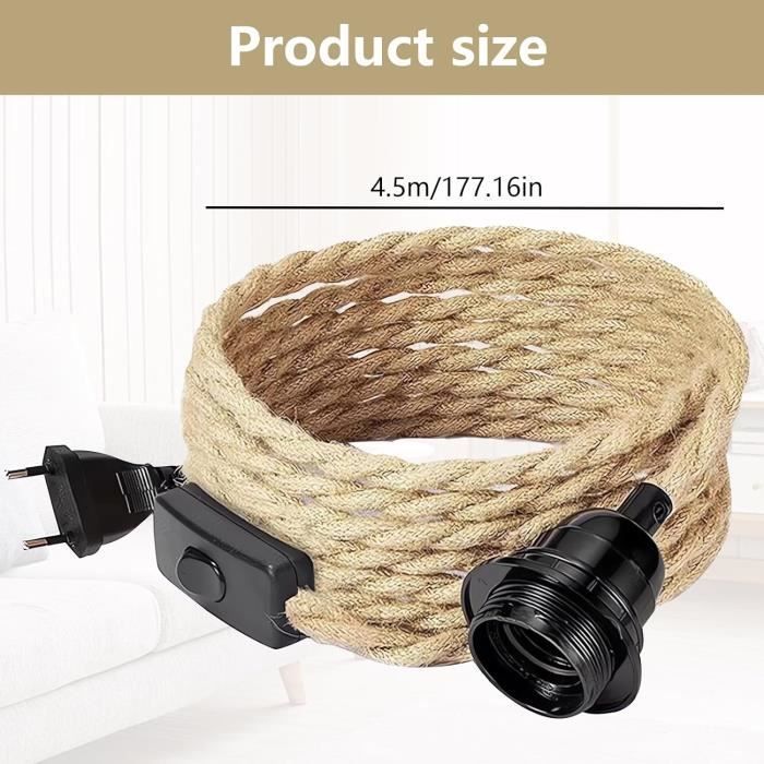 Lustre Corde de Chanvre Câble 4.5m, Douille Interrupteur avec Fil Cable Ampoule, DIY Suspension Luminaire Lampe Créative Lumière