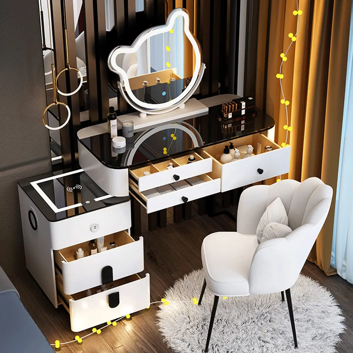 Makeup Vanity Desk Set, With 3 Color LED Lights Mirror, With Cushioned Stool, for Family Bedroom, for Her (120CM/47.2IN)