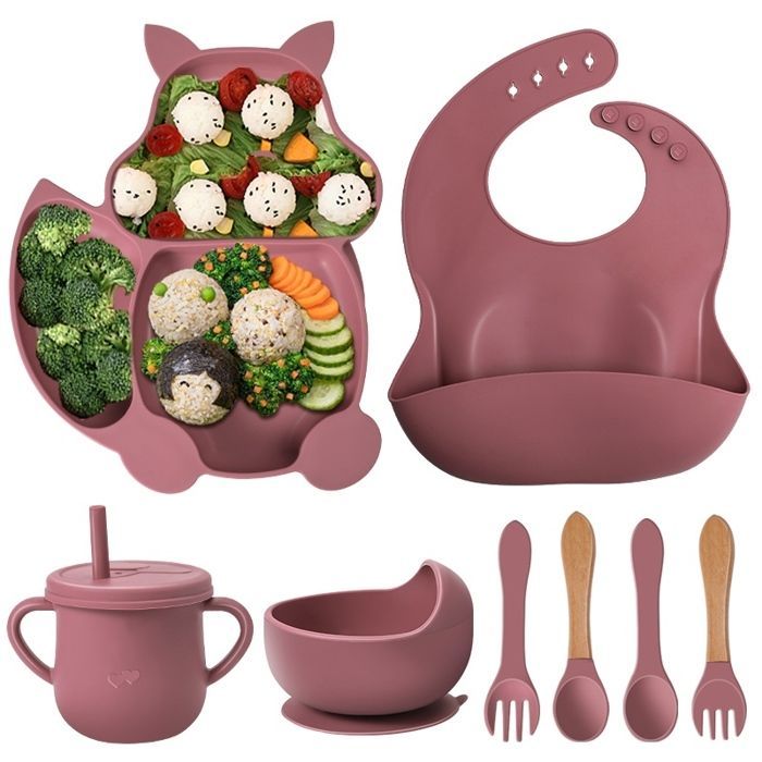 Coffret Repas Bébé Silicone sans BPA, Ensemble de assiette pour Bébé Service de table enfants, Rose