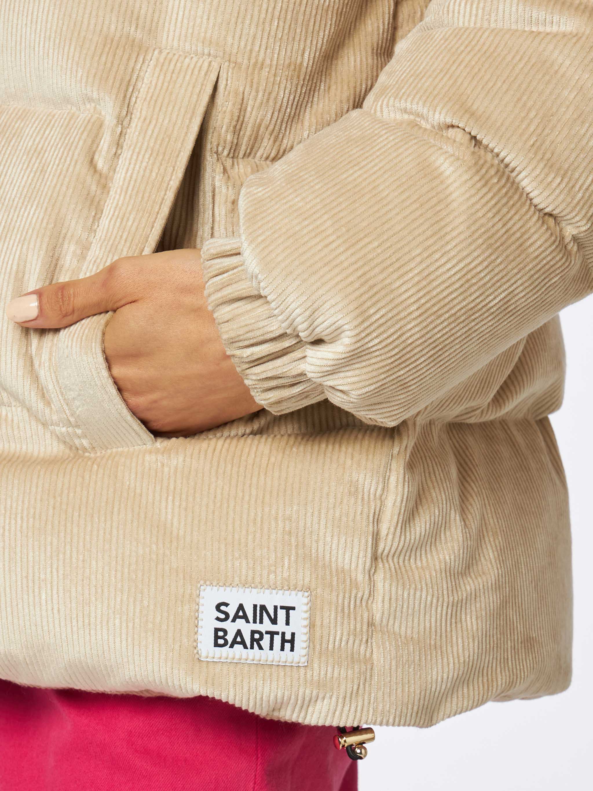 Beige corduroy gewatteerde donsjas voor dames met capuchon