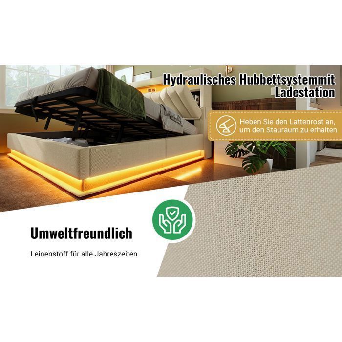 Cama estofada 180x200, cama de casal com cabeceira com arrumação, LED multicolorido, abertura hidráulica, portas USB-C