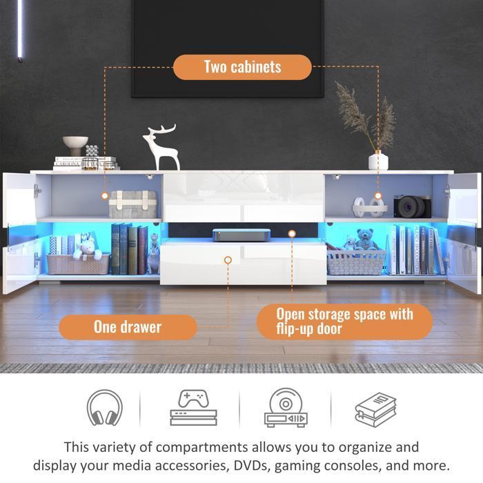 Mueble de TV moderno en blanco brillante con iluminación LED, 2 puertas, 1 cajón, apto para un televisor de 70 pulgadas, 160 x 39 x 45 cm.