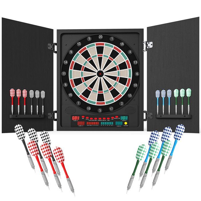 Diana electrónica HOMCOM, plegable, 27 variantes de juego, pantalla LED, 12 dardos, plástico, color negro.