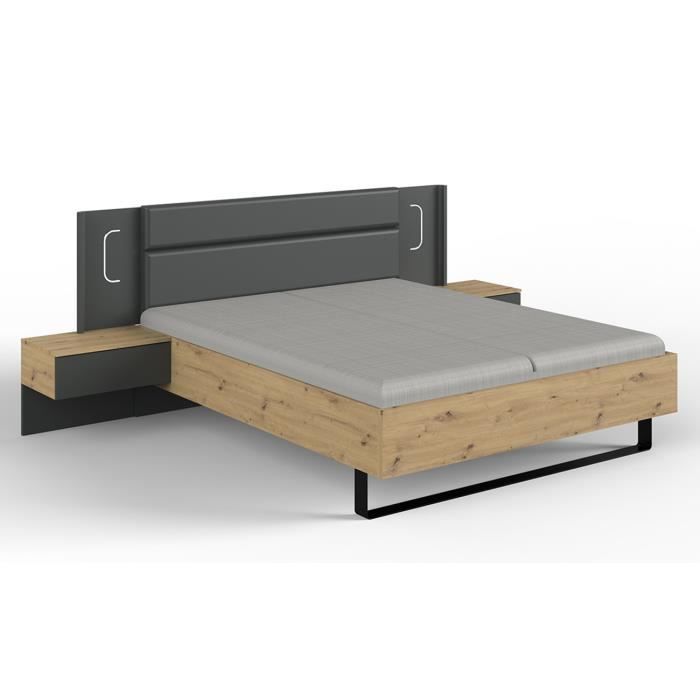 Letto matrimoniale king size (180 x 200 cm) + 2 comodini in rovere artigianale con finitura grafite, Lunghezza 301 x Profondità 210 x Altezza 104 cm