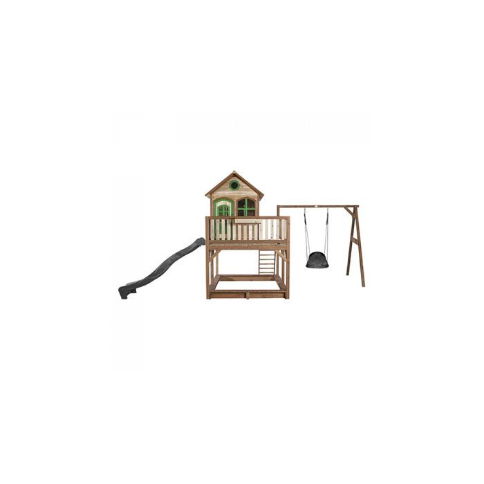 Casita de juegos infantil AXI Liam con arenero, columpio nido de pájaro negro y tobogán gris | Zona de juegos al aire libre en color marrón