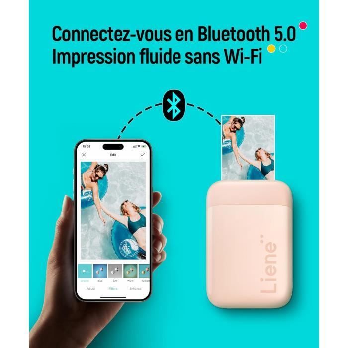 Impressora fotográfica portátil - LIENE - 2x3 - Bluetooth 5.0 - Sem tinta ZINK - 50 folhas autoadesivas