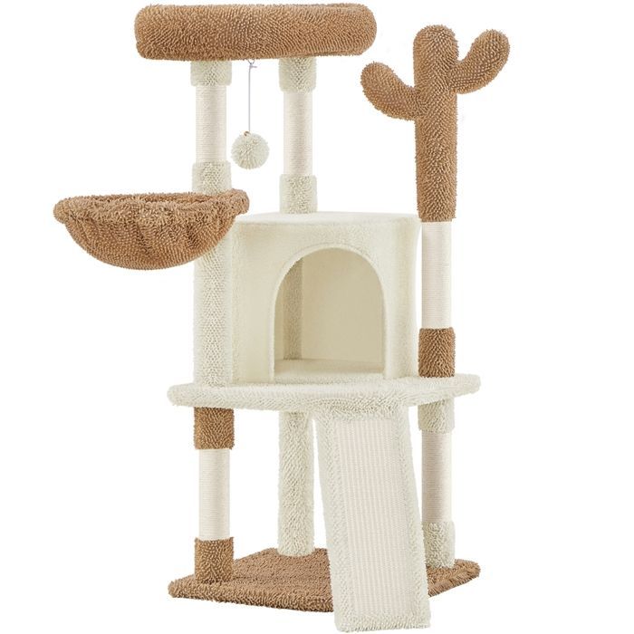 Albero per gatti Yaheetech in peluche a forma di cactus con pali in sisal, piattaforme, nicchia, cestino e trespolo, nei colori beige e marrone.