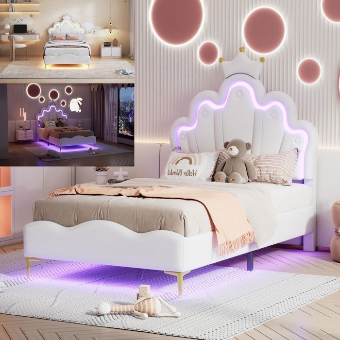 Cama infantil de 90x200 cm - IN THE CLOUDS - NMONET - LED - Cabecero en forma de corona - Blanco