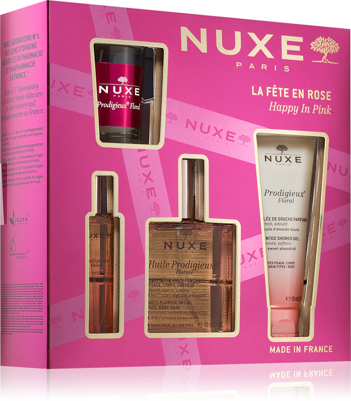 Conjunto Nuxe Happy In Pink para rosto, corpo e cabelo, ideal para presentear mulheres.