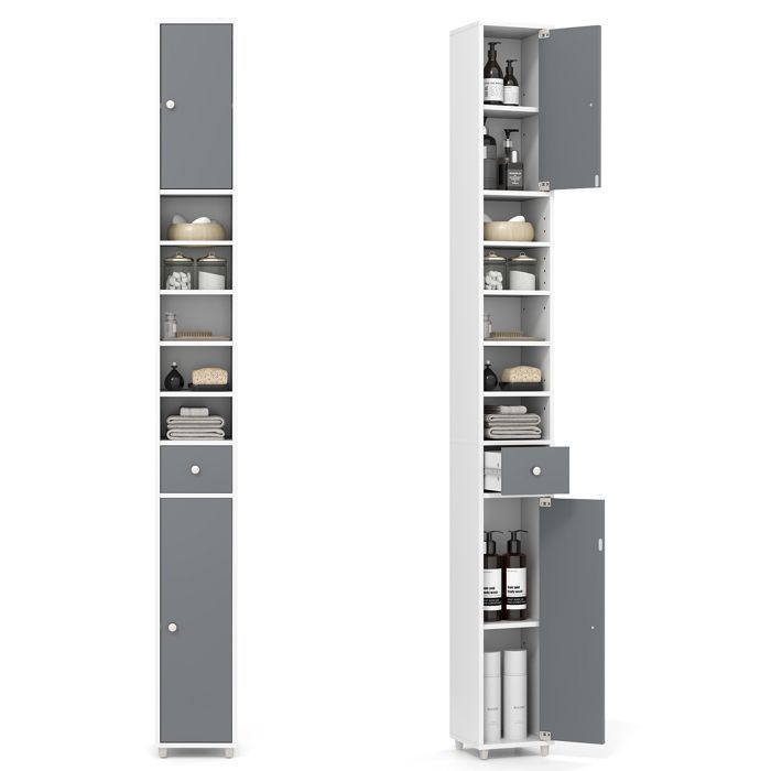 COSTWAY Badkamerkast met 2 deurtjes, 1 lade en 5 verstelbare planken, 20 x 20 x 180 cm, Grijs+Wit