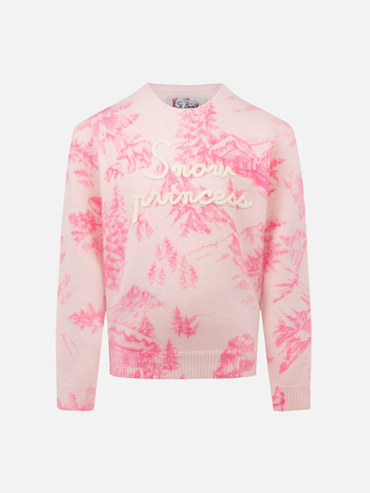 Prinsessenroze trui met ronde hals voor meisjes met toile de jouy-print.