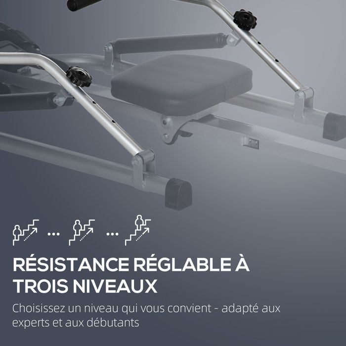 Máquina de remo plegable para interiores - Colaboración Aosom.fr x FFHandball - 3 niveles de resistencia, pantalla multifunción - Acero negro y gris