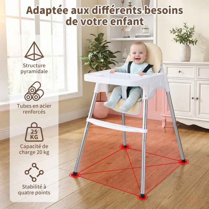 Chaise haute bébé 2-en-1, Coussin amovible, Repose-pieds et Tablette réglables, Chaise enfant 6 mois - 3 ans