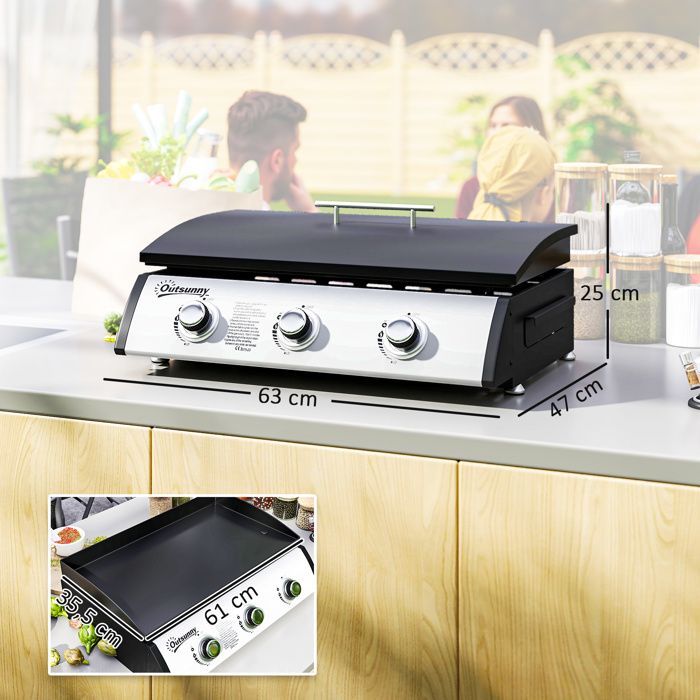 Plancha gaz - Outsunny - 3 brûleurs 7,5 kW - surface cuisson 61 x 35,5 cm - avec couvercle - gaz liquéfié/propane - noir