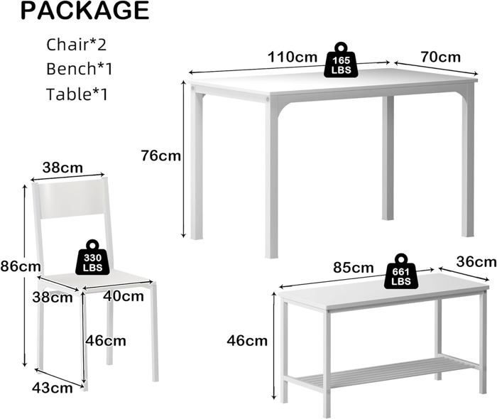 SogesHome 4-delige eettafelset met stoelen, houten plank en stalen frame voor eetkamer en keuken, wit